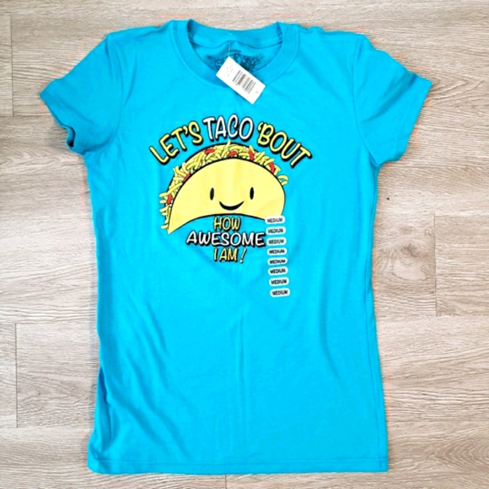 NWT  Savvy print Awesome Taco teal tee shirt